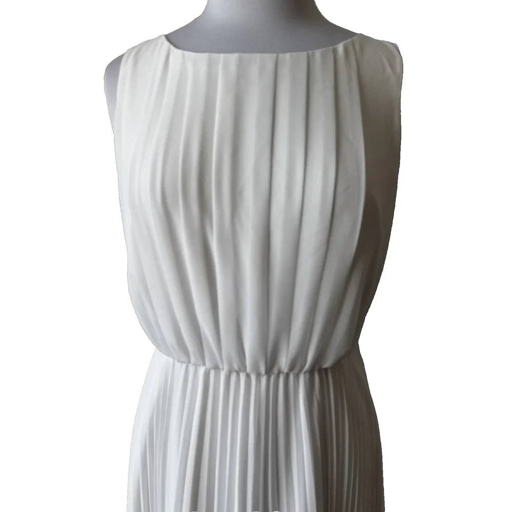 WHBM Old Money Coastal‎ White Pleated Chiffon Maxi Dress 10 Wedding Beach Chic